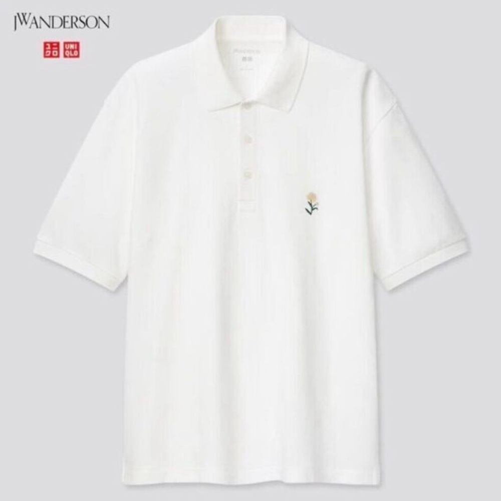 JW Anderson x Uniqlo  White Pique Polo Shirt with Embroidered Flower Logo Sz Med